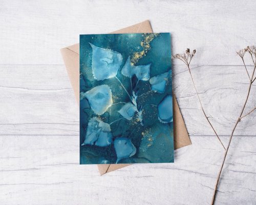 Cyan Leaf Splash Greeting Card — Far Mountain Studio